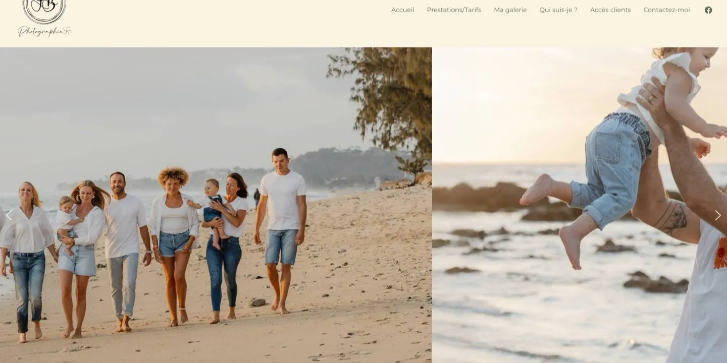 Ancien site LB Photographie sous WordPress : bandeau crème, logo manuscrit, menu Prestations/Tarifs et grand carrousel de photos